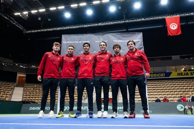 250911 Aziz Ouakaa, Alaa Trifi, Anas Bennour Dit Sahli, Ibrahim Snoussi, Moez Echargui and Team captain Malek Jaziri of Tunisia pose for a picture during the Davis Cup draw ceremony ahead of the match between Sweden and Tunisia on September 11, 2025 in Partille. Photo: Mathias Bergeld BILDBYRAN kod MB MB1200 tennis davis cup lottningen lotting draw ceremony sverige sweden bbeng tunisien tunisia Copyright: MATHIASxBERGELD BB250911MB036