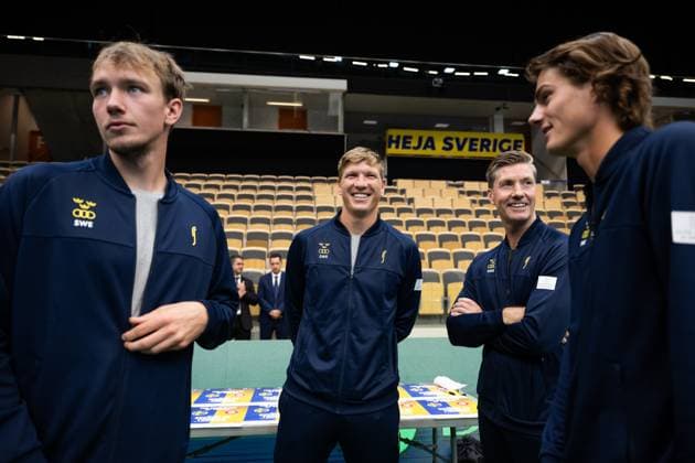 250911 Adam Heinonen, AndrÃ Göransson, Team captain Simon Aspelin and Olle Wallin of Sweden during the Davis Cup draw ceremony ahead of the match between Sweden and Tunisia on September 11, 2025 in Partille. Photo: Mathias Bergeld BILDBYRAN kod MB MB1200 tennis davis cup lottningen lotting draw ceremony sverige sweden bbeng tunisien tunisia Copyright: MATHIASxBERGELD BB250911MB047