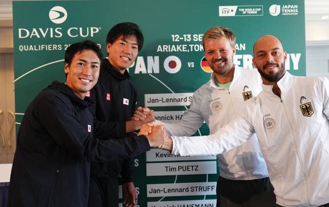 2025 Davis Cup Qualifiers 2nd Round Japan v Germany Japan Team Shintaro Mochizuki (JPN), Yoshihito Nishioka (JPN) , Yosuke Watanuki (JPN), Rei Sakamoto (JPN, Takeru Yuzuki (JPN), Captain: Go Soeda (JPN) German Team Yannick Hanfmann (GER), Jan-Lennard Struff (GER) Kevin Krawietz (GER), Justin Engel (GER) , Tim Puetz (GER) Captain: Michael Kohlman GER) Justin Engel (GER) , Rookie Speech