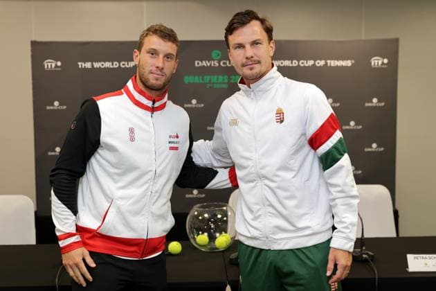TENNIS - Davis Cup, HUN vs AUT DEBRECEN,HUNGARY,11.SEP.25 - TENNIS - ITF Davis Cup, qualification round 2, Hungary vs Austria, preview, draw and press conference, PK, Pressekonferenz Image shows Filip Misolic (AUT) and Marton Fucsovics (HUN).  GEPAxpictures xWalterxLuger