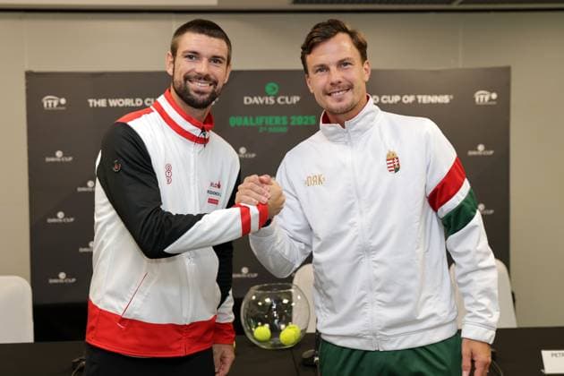 TENNIS - Davis Cup, HUN vs AUT DEBRECEN,HUNGARY,11.SEP.25 - TENNIS - ITF Davis Cup, qualification round 2, Hungary vs Austria, preview, draw and press conference, PK, Pressekonferenz Image shows Jurij Rodionov (AUT) and Marton Fucsovics (HUN).  GEPAxpictures xWalterxLuger