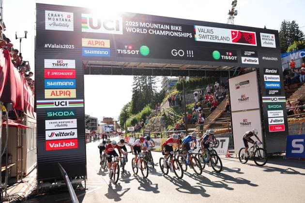 2025 UCI Mountain Bike World Championships Picture by Alex Whitehead SWpix.com - 11 09 2025 - Cycling - 2025 UCI Mountain Bike World Championships - Cross-country Mixed Team Relay - Crans Montana, Valais, Switzerland - Mixed Team Relay - Race start, Nikolaj Hougs (Denmark), Finn Treudler (Switzerland), Carter Woods (Canada), Daniel English (United States) Copyright: x xSWpix.comx(t axPhotographyxHubxLtd)xAlexxWhitehead SWpix.comx SWP-3030-3253