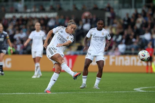 2025.09.10 xJFx Fussball UEFA Women Champions League Qualifikation Eintracht Frankfurt - Real Madrid v.l., Filippa Angeldahl (Real Madrid) schiesst das Tor zum 0:1 (DFL DFB REGULATIONS PROHIBIT ANY USE OF PHOTOGRAPHS as IMAGE SEQUENCES and or QUASI-VIDEO) Copyright: JoaquimxFerreira