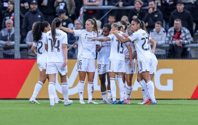 DEU, Frankfurt, Eintracht Frankfurt vs Real Madrid, Womens Champions League, UEFA, Saison 2526, Stadion am Bretanobad, Qualifikationsrunde 3, im Bild: Tor und Jubel, Filippa Angeldahl (Real Madrid 16) erzielt das 1:0 für Madrid gegen Frankfurt DFB DFL REGULATIONS PROHIBIT ANY USE OF PHOTOGRAPHS AS IMAGE SEQUENCES AND OR QUASI-VIDEO, 11.09.2025, Copyright: HMBxMedia HendrikxHamelau