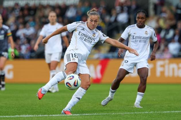 2025.09.10 xJFx Fussball UEFA Women Champions League Qualifikation Eintracht Frankfurt - Real Madrid v.l., Filippa Angeldahl (Real Madrid) schiesst das Tor zum 0:1 (DFL DFB REGULATIONS PROHIBIT ANY USE OF PHOTOGRAPHS as IMAGE SEQUENCES and or QUASI-VIDEO) Copyright: JoaquimxFerreira