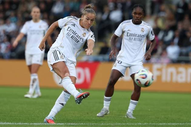 2025.09.10 xJFx Fussball UEFA Women Champions League Qualifikation Eintracht Frankfurt - Real Madrid v.l., Filippa Angeldahl (Real Madrid) schiesst das Tor zum 0:1 (DFL DFB REGULATIONS PROHIBIT ANY USE OF PHOTOGRAPHS as IMAGE SEQUENCES and or QUASI-VIDEO) Copyright: JoaquimxFerreira