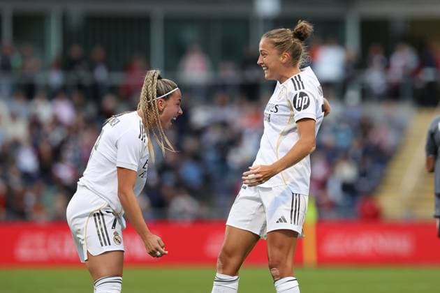 2025.09.10 xJFx Fussball UEFA Women Champions League Qualifikation Eintracht Frankfurt - Real Madrid v.l., Athenea (Real Madrid) und Filippa Angeldahl (Real Madrid) Torjubel, Goal celebration, celebrate the goal (DFL DFB REGULATIONS PROHIBIT ANY USE OF PHOTOGRAPHS as IMAGE SEQUENCES and or QUASI-VIDEO) Copyright: JoaquimxFerreira