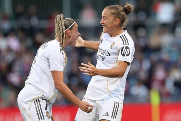 2025.09.10 xJFx Fussball UEFA Women Champions League Qualifikation Eintracht Frankfurt - Real Madrid v.l., Athenea (Real Madrid) und Filippa Angeldahl (Real Madrid) Torjubel, Goal celebration, celebrate the goal (DFL DFB REGULATIONS PROHIBIT ANY USE OF PHOTOGRAPHS as IMAGE SEQUENCES and or QUASI-VIDEO) Copyright: JoaquimxFerreira