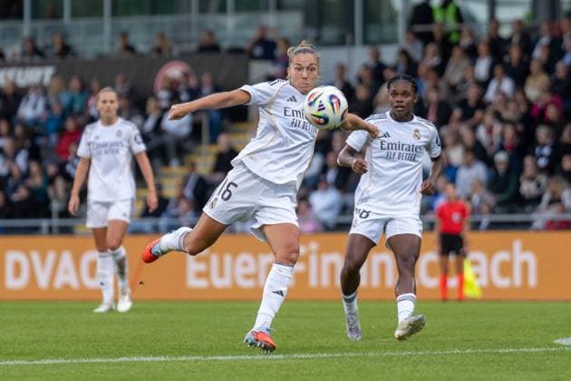 11.09.2025, xhfmx, Fussball Quali Champions League, Eintracht Frankfurt Frauen - Real Madrid Frauen Ingrid Filippa Angeldahl (Real Madrid) erzielt das 0:1 für Real Madrid gegen Eintracht Frankfurt. Tor, Goal, (DFL DFB REGULATIONS PROHIBIT ANY USE OF PHOTOGRAPHS as IMAGE SEQUENCES and or QUASI-VIDEO) Frankfurt