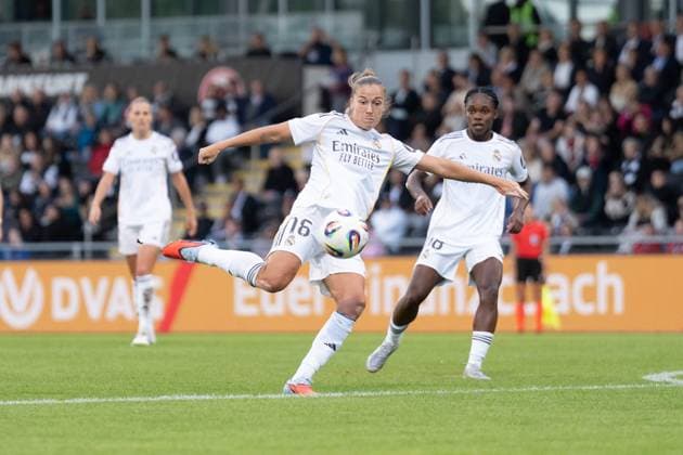 11.09.2025, xhfmx, Fussball Quali Champions League, Eintracht Frankfurt Frauen - Real Madrid Frauen Ingrid Filippa Angeldahl (Real Madrid) erzielt das 0:1 für Real Madrid gegen Eintracht Frankfurt. Tor, Goal, (DFL DFB REGULATIONS PROHIBIT ANY USE OF PHOTOGRAPHS as IMAGE SEQUENCES and or QUASI-VIDEO) Frankfurt