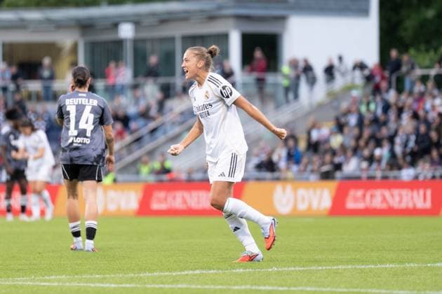 11.09.2025, xhfmx, Fussball Quali Champions League, Eintracht Frankfurt Frauen - Real Madrid Frauen Ingrid Filippa Angeldahl (Real Madrid) bejubelt das 0:1 gegen Eintracht Frankfurt. Tor, Goal, Jubel, Celebration (DFL DFB REGULATIONS PROHIBIT ANY USE OF PHOTOGRAPHS as IMAGE SEQUENCES and or QUASI-VIDEO) Frankfurt