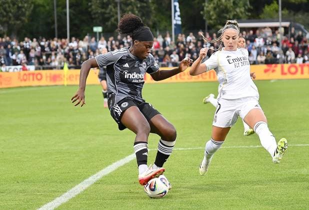 11.09.2025, xhbx, Fussball Quali Champions League, Eintracht Frankfurt Frauen - Real Madrid Frauen v.l. Nicole Anyomi (Eintracht Frankfurt Damen), Athenea (Real Madrid) (DFL DFB REGULATIONS PROHIBIT ANY USE OF PHOTOGRAPHS as IMAGE SEQUENCES and or QUASI-VIDEO) Frankfurt