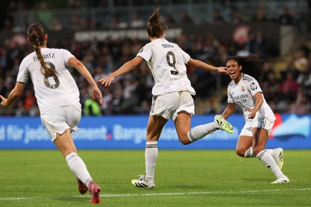 2025.09.10 xJFx Fussball UEFA Women Champions League Qualifikation Eintracht Frankfurt - Real Madrid v.l., Sara Daebritz (Real Madrid), Signe Bruun (Real Madrid), Linda Caicedo (Real Madrid) Torjubel, Goal celebration, celebrate the goal (DFL DFB REGULATIONS PROHIBIT ANY USE OF PHOTOGRAPHS as IMAGE SEQUENCES and or QUASI-VIDEO) Copyright: JoaquimxFerreira