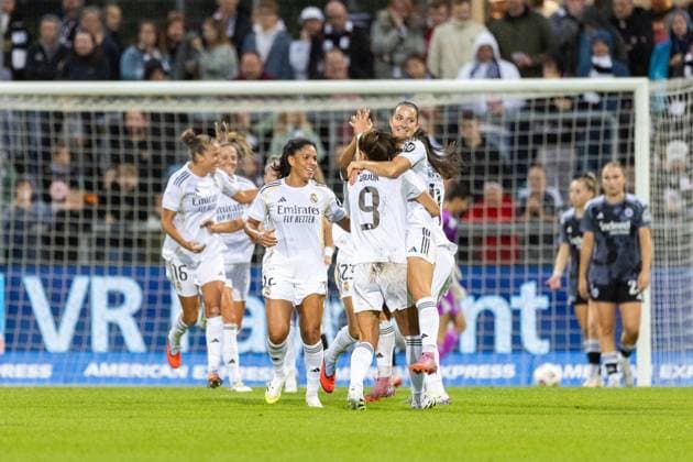UWCL Qualifikation: Eintracht Frankfurt - Real Madrid, 11.09.2025 Jubel zum 0:2 durch Signe Bruun (Real Madrid, 9); Tor; Torjubel Hinspiel der UEFA Women’s Champions League Qualifikation, 3. Runde, zwischen Eintracht Frankfurt und Real Madrid im Stadion am Brentanobad in Frankfurt am Main am 11.09.2025 Copyright: xBEAUTIFULxSPORTS Hahnex