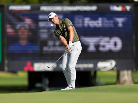 September 11, 2025, Napa, California, United States: NAPA, CA - SEPTEMBER 11: Maverick McNealy of the United States chips on hole 18 during the Procore Championship 2025 - Round One at Silverado Resort on September 11, 2025 in Napa, California. Napa United States - ZUMAt139 20250911_aaa_t139_004 Copyright: xAlxChang IsixPhotosx