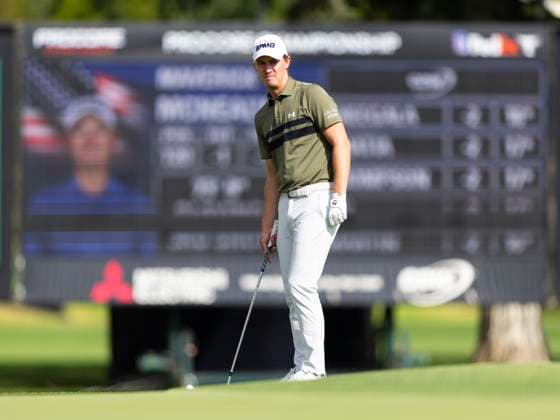 September 11, 2025, Napa, California, United States: NAPA, CA - SEPTEMBER 11: Maverick McNealy of the United States prepares to chip on hole 18 during the Procore Championship 2025 - Round One at Silverado Resort on September 11, 2025 in Napa, California. Procore Championship 2025 - Round One  - ZUMAt139 20250911_aaa_t139_031 Copyright: xAlxChang IsixPhotosx