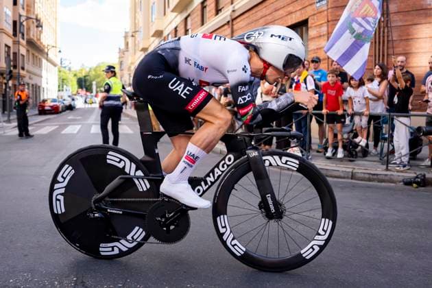 La Vuelta - 80th Tour of Spain 2025 - Stage 18 (ITT) Joao Almeida of Portugal and UAE Team Emirates XRG competes during the La Vuelta - 80th Tour of Spain 2025, Stage 18 a 12.2km individual time trial stage on September 11, 2025 in Valladolid, Spain. Valladolid Valladolid Spain Copyright: xAlbertoxGardinx AGardin_20250911_Cycling_Vuelta_ITT_0005