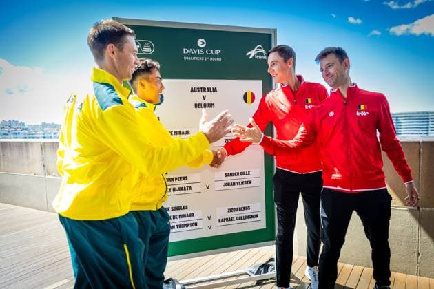 Australian Rinky Hijikata, Australian John Peers, Belgian Joran Vliegen and Belgian Sander Gille pictured duringa the draw ahead of the Davis Cup qualifier between Australia and Belgium, Friday 12 September 2025, in Ken Rosewall Arena, Sydney, Australia. PATRICKxHAMILTON  x134001605x