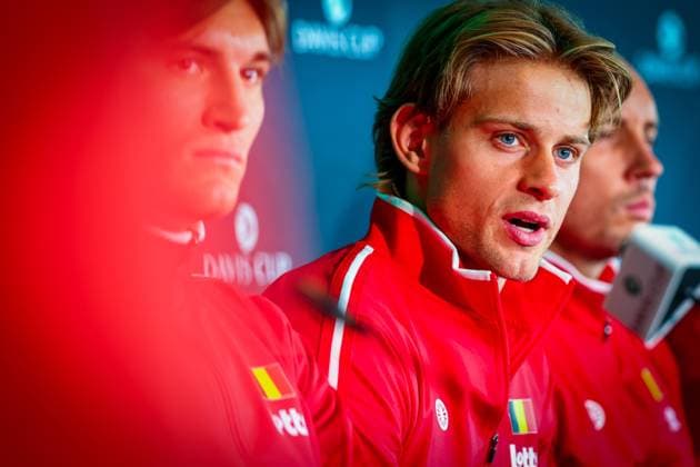 Belgian Raphael Collignon, Belgian Zizou Bergs and Belgian captain Steve Darcis pictured duringa a press conference, PK, Pressekonferenz of the Belgian and Australian teams, Friday 12 September 2025, in Ken Rosewall Arena, Sydney, Australia. Belgium and Australia will compete this weekend in the second round of the Davis Cup qualifiers. PATRICKxHAMILTON  x134001648x
