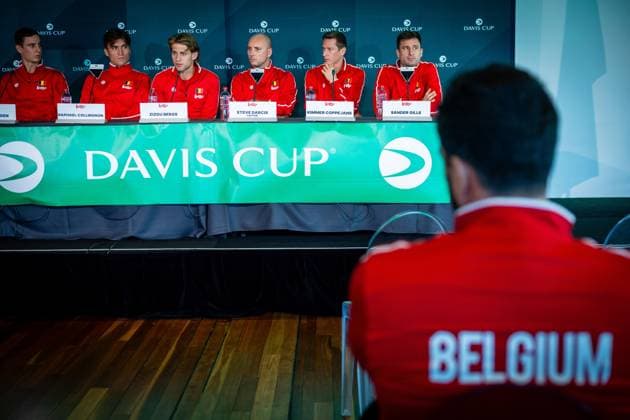 Belgian Joran Vliegen, Belgian Raphael Collignon, Belgian Zizou Bergs, Belgian captain Steve Darcis, Belgian Kimmer Coppejans and Belgian Sander Gille pictured duringa a press conference, PK, Pressekonferenz of the Belgian and Australian teams, Friday 12 September 2025, in Ken Rosewall Arena, Sydney, Australia. Belgium and Australia will compete this weekend in the second round of the Davis Cup qualifiers. PATRICKxHAMILTON  x134001708x