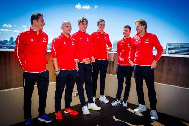 Belgian Kimmer Coppejans, Belgian captain Steve Darcis, Belgian Raphael Collignon, Belgian Joran Vliegen, Belgian Sander Gille and Belgian Zizou Bergs pictured in marge ofa a press conference, PK, Pressekonferenz of the Belgian and Australian teams, Friday 12 September 2025, in Ken Rosewall Arena, Sydney, Australia. Belgium and Australia will compete this weekend in the second round of the Davis Cup qualifiers. PATRICKxHAMILTON  x134002539x