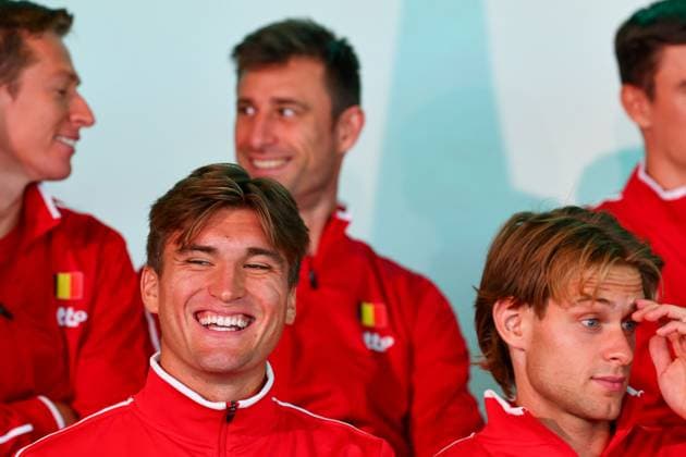 Up, L-R, Kimmer Coppejans, Belgian Sander Gille and front Belgian Raphael Collignon and Belgian Zizou Bergs pictured duringa a press conference, PK, Pressekonferenz of the Belgian and Australian teams, Friday 12 September 2025, in Ken Rosewall Arena, Sydney, Australia. Belgium and Australia will compete this weekend in the second round of the Davis Cup qualifiers. PATRICKxHAMILTON  x134002645x