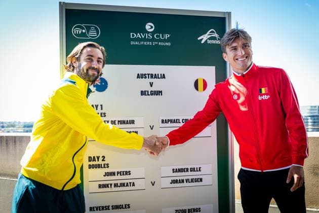 Australian Jordan Thompson and Belgian Raphael Collignon pictured duringa the draw ahead of the Davis Cup qualifier between Australia and Belgium, Friday 12 September 2025, in Ken Rosewall Arena, Sydney, Australia. PATRICKxHAMILTON  x134002657x