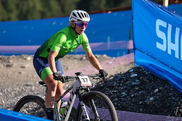 12 09 2025, Crans-Montana, Valais 2025 UCI Mountain Bike World Championships, Vita Movrin 37 (SLO) in training on the Cross-Country Olympic circuit Crans-Montana Crans-Montana Valais Switzerland Copyright: xJustPictures.ch FrancescoxMinghettix jp-en-FrMi-MNG_1832