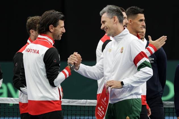 TENNIS - Davis Cup, HUN vs AUT DEBRECEN,HUNGARY,12.SEP.25 - TENNIS - ITF Davis Cup, qualification round 2, Hungary vs Austria. Image shows captain Juergen Melzer (AUT) and captain Kornel Bardoczky (HUN).  GEPAxpictures xWalterxLuger