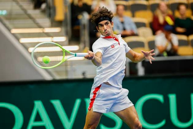 PARTILLE, SWEDEN 20250912 Leo Borg during the singles match against Moez Echargui in the Davis Cup match between Sweden and Tunisia in Partille arena. PARTILLE SWEDEN x9200x