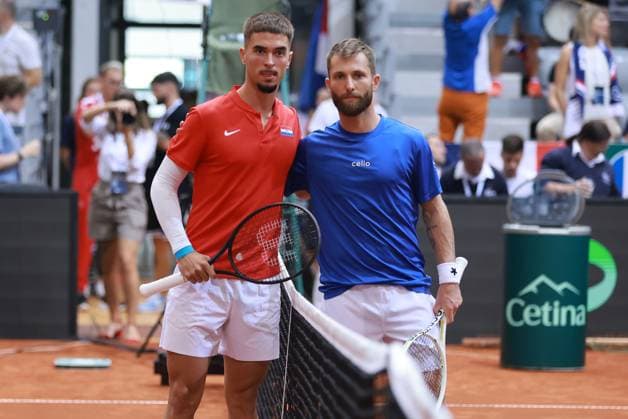 Croatia v France - 2025 Davis Cup Qualifiers Second Round: Day 1 Dino Prizmic, of Croatia and Corentin Moutet of France pose for a photo before a match during the 2025 Davis Cup Qualifier second round match between Croatia and France at Dvorana Gradski Vrt on September 12, 2025 in Osijek, Croatia. Photo by Davor Javorovic Pixsell  DavorxJavorovic PIXSELL
