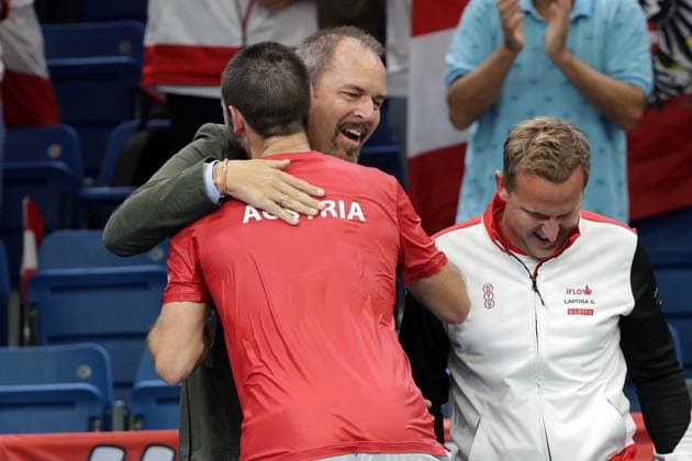 TENNIS - Davis Cup, HUN vs AUT DEBRECEN,HUNGARY,12.SEP.25 - TENNIS - ITF Davis Cup, qualification round 2, Hungary vs Austria. Image shows Jurij Rodionov (AUT) and vice president Juergen Roth (OETV).  GEPAxpictures xWalterxLuger