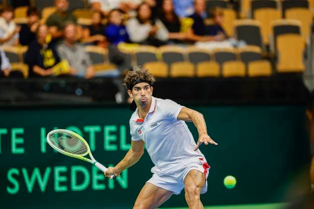 PARTILLE, SWEDEN 20250912 Leo Borg during the singles match against Moez Echargui in the Davis Cup match between Sweden and Tunisia in Partille arena. PARTILLE SWEDEN x9200x