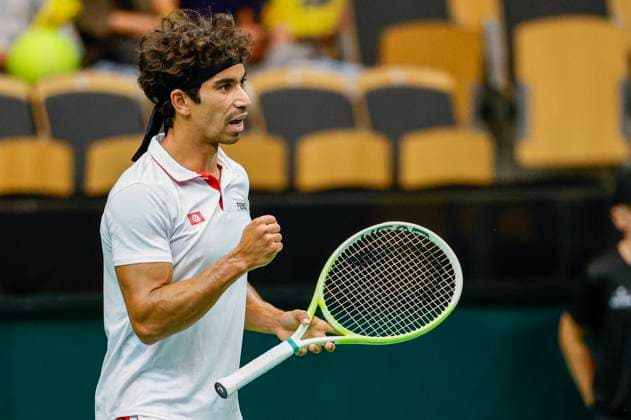 Moez Echargui during the singles match against Leo Borg in the Davis Cup match between Sweden and Tunisia in Partille arena on September 12, 2025. PARTILLE SWEDEN x9200x