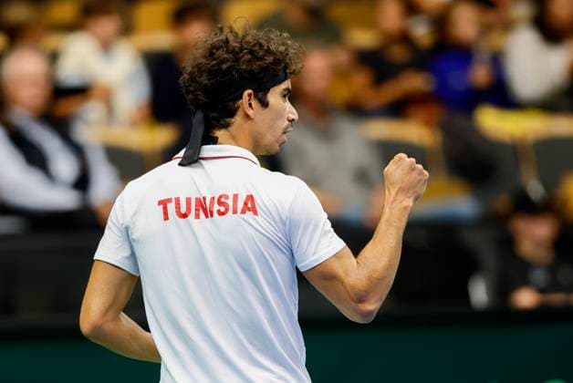 Moez Echargui during the singles match against Leo Borg in the Davis Cup match between Sweden and Tunisia in Partille arena on September 12, 2025. PARTILLE SWEDEN x9200x