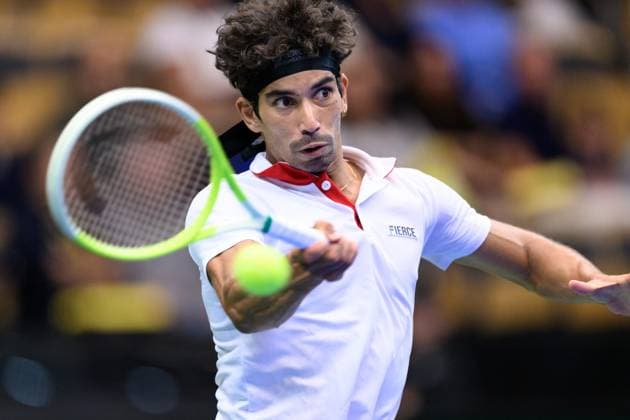 250912 Moez Echargui of Tunisia during the Davis Cup tennis match between Sweden and Tunisia on September 12, 2025 in Partille. Photo: Carl Sandin BILDBYRAN kod CS CS0767 tennis davis cup sweden sverige tunisien tunisia bbeng Copyright: CARLxSANDIN BB250912CS020