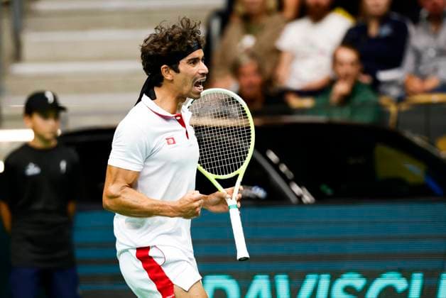 Moez Echargui celebrating during the singles match against Leo Borg in the Davis Cup match between Sweden and Tunisia in Partille arena on September 12, 2025. PARTILLE SWEDEN x9200x