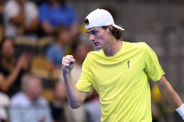 250912 Olle Wallin of Sweden celebrates during the Davis Cup tennis match between Sweden and Tunisia on September 12, 2025 in Partille. Photo: Carl Sandin BILDBYRAN kod CS CS0767 tennis davis cup sweden sverige tunisien tunisia bbeng jubel sverige sweden celebrates Copyright: CARLxSANDIN BB250912CS037