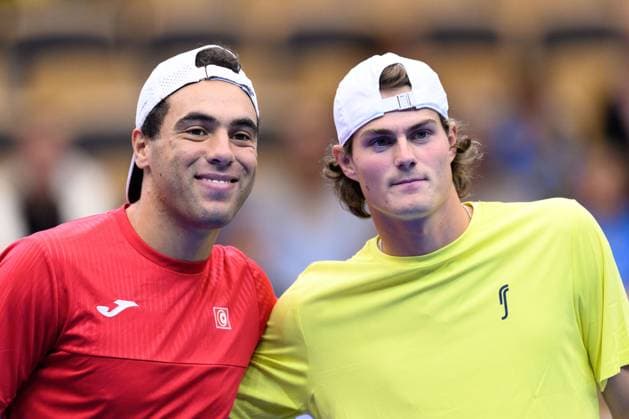 250912 Aziz Ouakaa of Tunisia and Olle Wallin of Sweden ahead of the Davis Cup tennis match between Sweden and Tunisia on September 12, 2025 in Partille. Photo: Carl Sandin BILDBYRAN kod CS CS0767 tennis davis cup sweden sverige tunisien tunisia bbeng sverige sweden Copyright: CARLxSANDIN BB250912CS039
