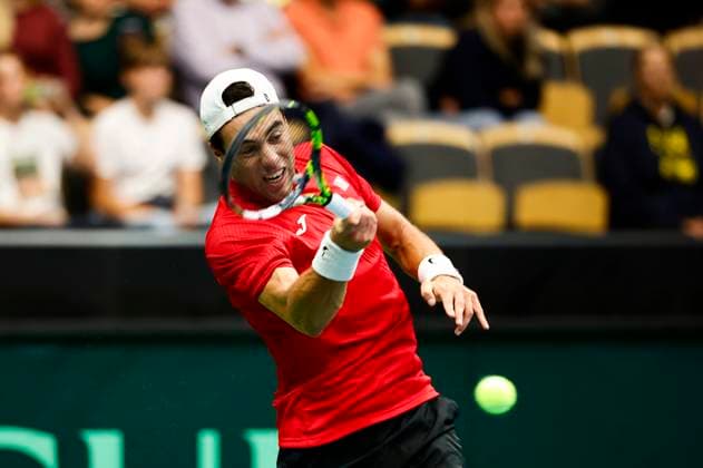 Tunisia s Aziz Ouakaa during the singles match against Sweden s Olle Wallin in the Davis Cup meeting between Sweden and Tunisia in Partille arena on September 12, 2025. PARTILLE SWEDEN x9200x