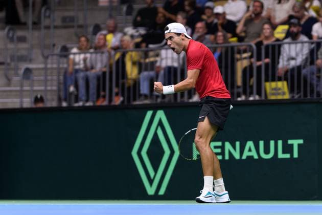 250912 Aziz Ouakaa of Tunisia celebrates during the Davis Cup tennis match between Sweden and Tunisia on September 12, 2025 in Partille. Photo: Carl Sandin BILDBYRAN kod CS CS0767 tennis davis cup sweden sverige tunisien tunisia bbeng jubel sverige sweden celebrates Copyright: CARLxSANDIN BB250912CS040