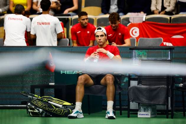 Tunisia s Aziz Ouakaa during the singles match against Sweden s Olle Wallin in the Davis Cup meeting between Sweden and Tunisia in Partille arena on September 12, 2025. PARTILLE SWEDEN x9200x