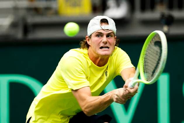Sweden s Olle Wallin during the singles match against Tunisia s Aziz Ouakaa in the Davis Cup meeting between Sweden and Tunisia in Partille arena on September 12, 2025. PARTILLE SWEDEN x9200x