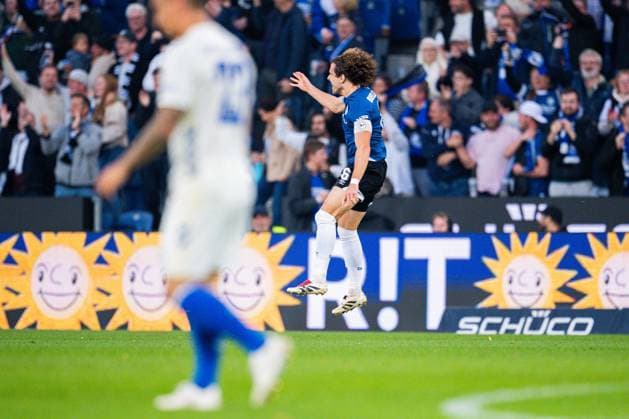 12.09.2025 - Fußball, 2025 2026, 2. Bundesliga, 5. Spieltag, DSC Arminia Bielefeld - 1. FC Magdeburg: Mael Corboz (Bielefeld) jubelt nach seinem Tor zum 1:0 DFL REGULATIONS PROHIBIT ANY USE OF PHOTOGRAPHS AS IMAGE SEQUENCES AND OR QUASI-VIDEO.