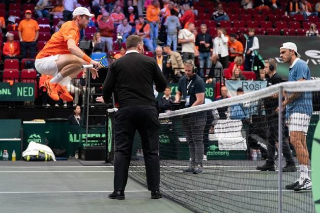 2025-09-12 2025 Davis Cup Qualifiers Second Round GRONINGEN, NETHERLANDS - SEPTEMBER 12: Botic van de Zandschulp of the Netherlands during the 2025 Davis Cup Qualifiers Second Round match between Netherlands and Argentina at MartiniPlaza on September 12, 2025 in Groningen, Netherlands. (Photo by Marleen Fouchier BSR Agency) Groningen Netherlands Content not available for redistribution in The Netherlands directly or indirectly through any third parties. Copyright: xBSRxAgencyx