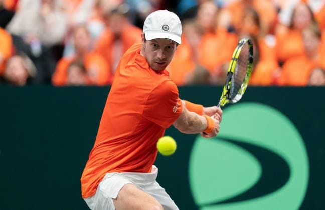2025-09-12 2025 Davis Cup Qualifiers Second Round GRONINGEN, NETHERLANDS - SEPTEMBER 12: Botic van de Zandschulp of the Netherlands during the 2025 Davis Cup Qualifiers Second Round match between Netherlands and Argentina at MartiniPlaza on September 12, 2025 in Groningen, Netherlands. (Photo by Marleen Fouchier BSR Agency) Groningen Netherlands Content not available for redistribution in The Netherlands directly or indirectly through any third parties. Copyright: xBSRxAgencyx