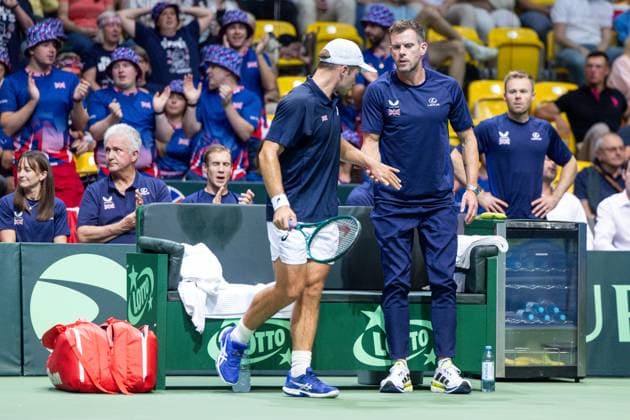 12h September 2025; Polsat Plus Arena, Gdynia, Poland; Davis Cup, World Group I, Poland versus Great Britain; Arthur Fery speaks with coach Leon Smith  FotoxOlimpik