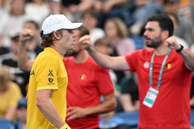 TENNIS DAVIS CUP AUSTRALIA BELGIUM, Belgium cel;ebrate as Alex de Minaur of Australia takes on Raphael Collignon of Belgium during the Davis Cup qualifying second round match at Ken Rosewall Arena in Sydney, Saturday, September 13, 2025. ( NO ARCHIVING, EDITORIAL USE ONLY SYDNEY NEW SOUTH WALES AUSTRALIA ALBION PARK  Copyright: xDEANxLEWINSx 20250913183900959556