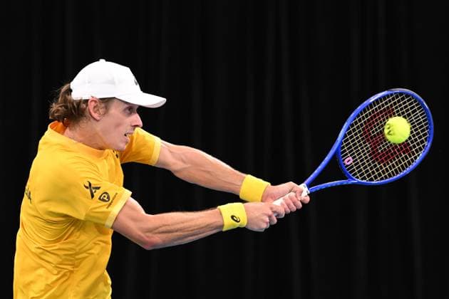 TENNIS DAVIS CUP AUSTRALIA BELGIUM, Alex de Minaur of Australia is action against Raphael Collignon of Belgium during the Davis Cup qualifying second round match at Ken Rosewall Arena in Sydney, Saturday, September 13, 2025. ( NO ARCHIVING, EDITORIAL USE ONLY SYDNEY NEW SOUTH WALES AUSTRALIA ALBION PARK  Copyright: xDEANxLEWINSx 20250913183065814510