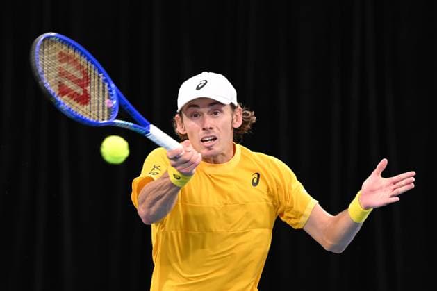 TENNIS DAVIS CUP AUSTRALIA BELGIUM, Alex de Minaur of Australia is action against Raphael Collignon of Belgium during the Davis Cup qualifying second round match at Ken Rosewall Arena in Sydney, Saturday, September 13, 2025. ( NO ARCHIVING, EDITORIAL USE ONLY SYDNEY NEW SOUTH WALES AUSTRALIA ALBION PARK  Copyright: xDEANxLEWINSx 20250913189916639780